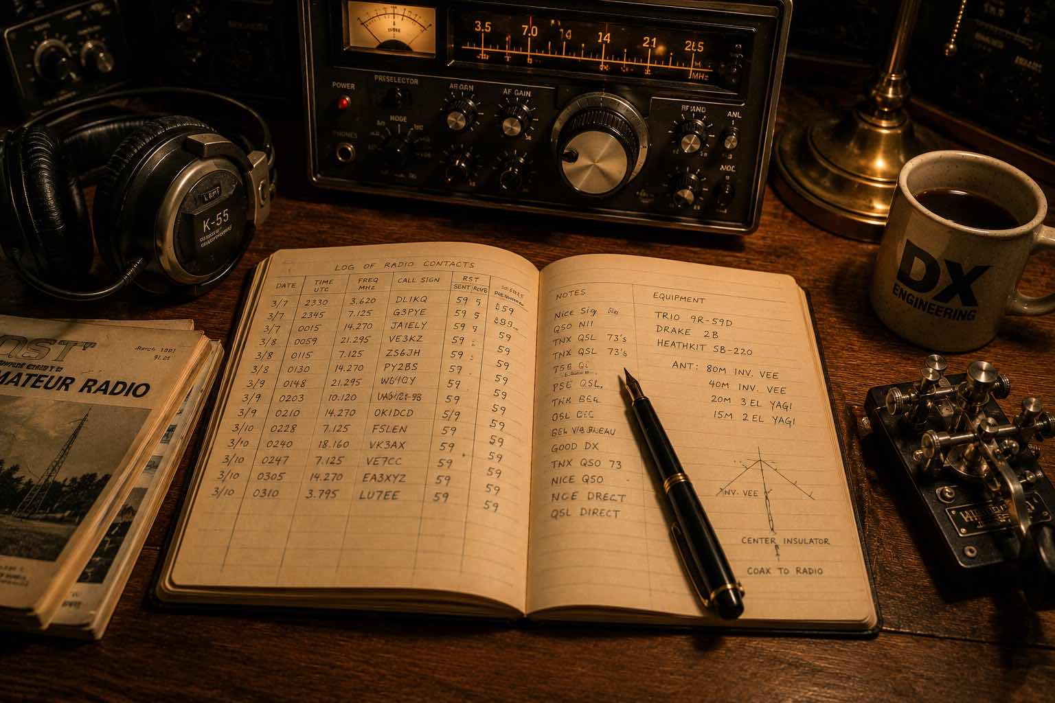 Open radio logbook with handwritten contact records