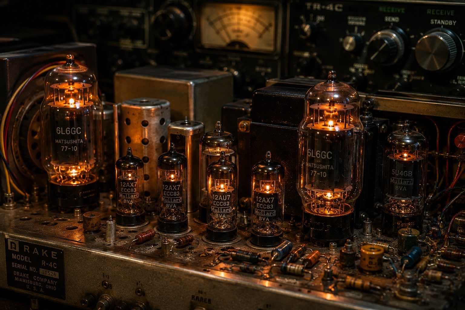 Glowing vacuum tubes inside vintage radio equipment