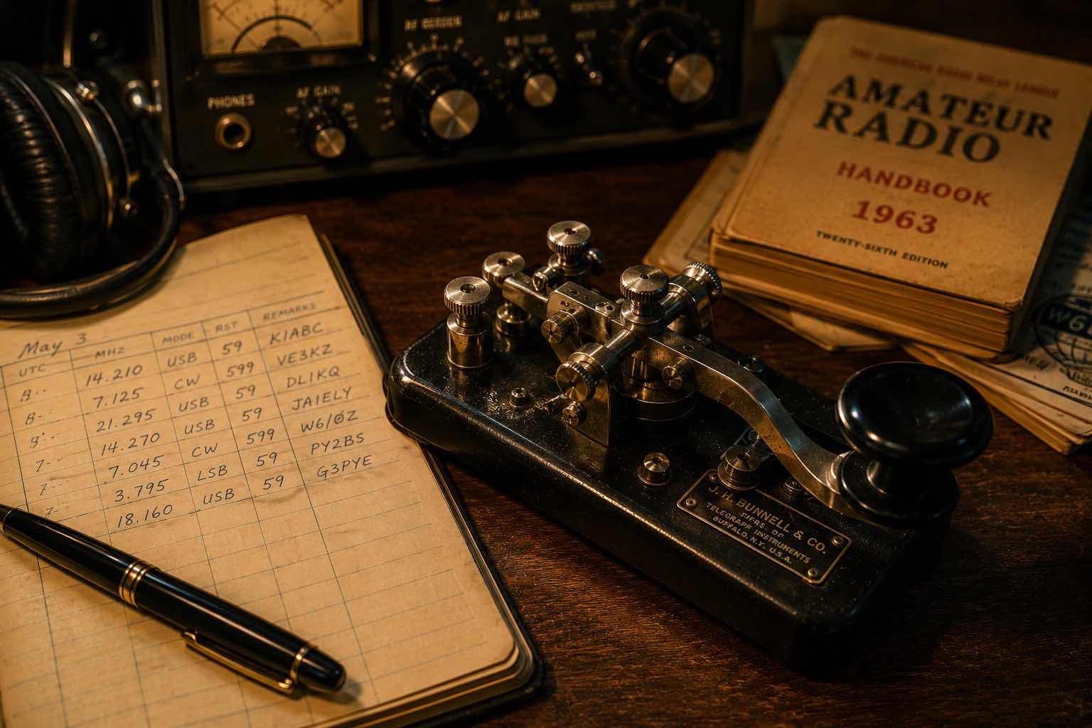 Vintage Morse code key on a wooden desk