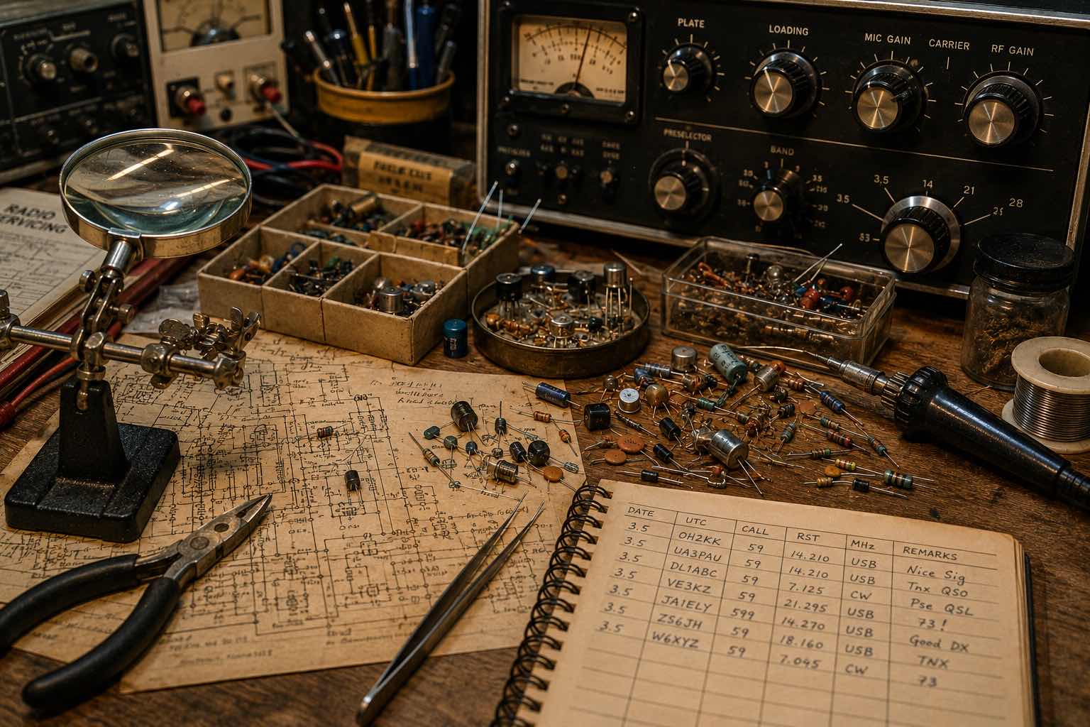 Electronics workbench with radio components and tools